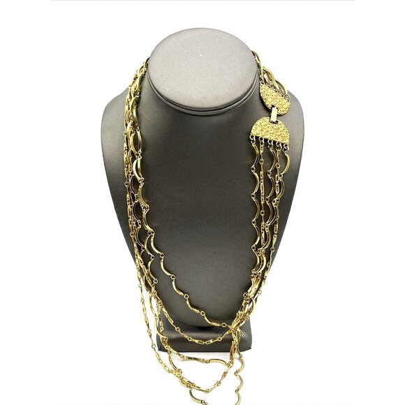 Vintage 5 Strand Bar Link Statement Layered Gold Tone Necklace 22" - Picture 2 of 8